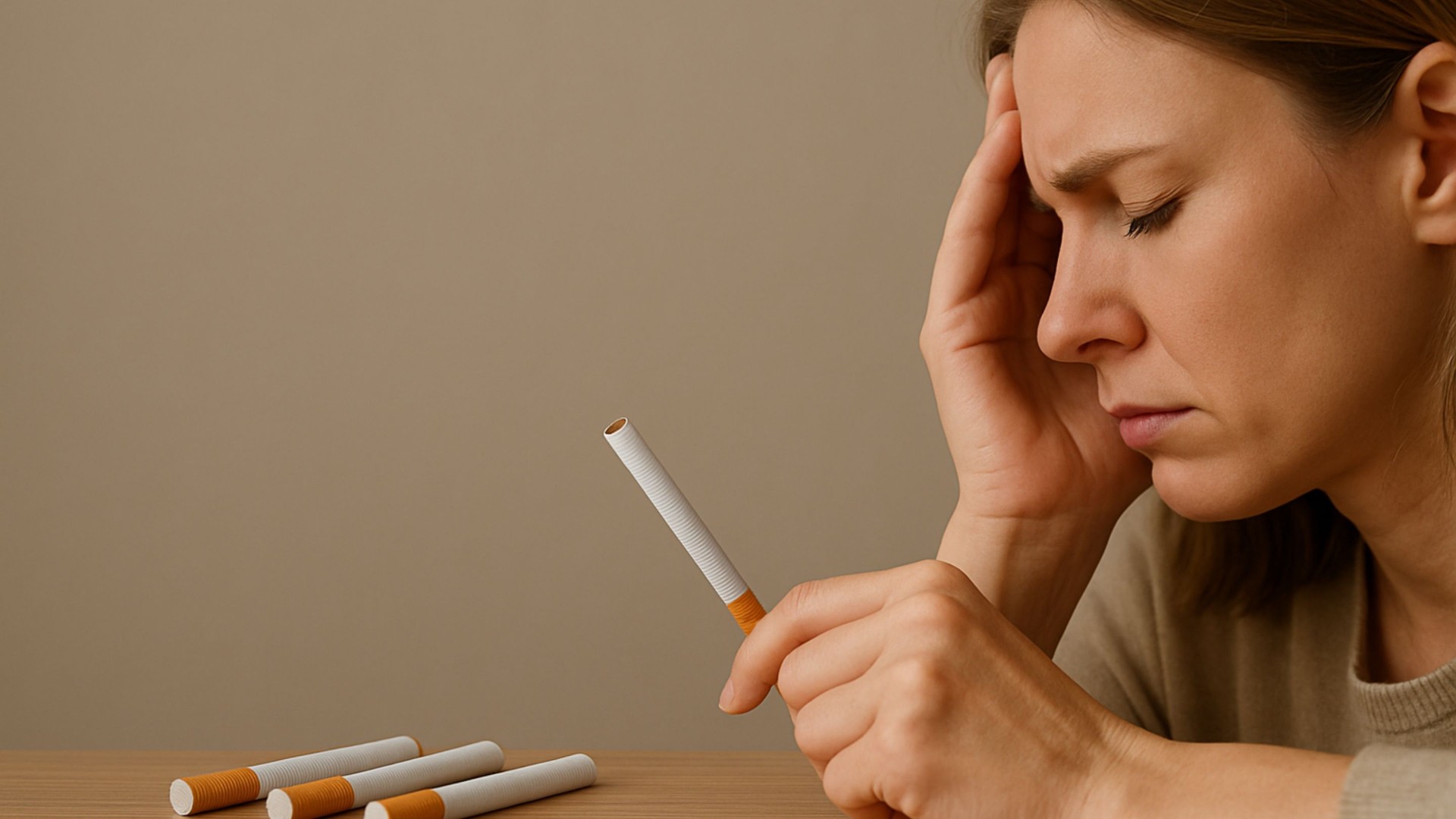 Donna stressata che tiene una sigaretta tra le mani