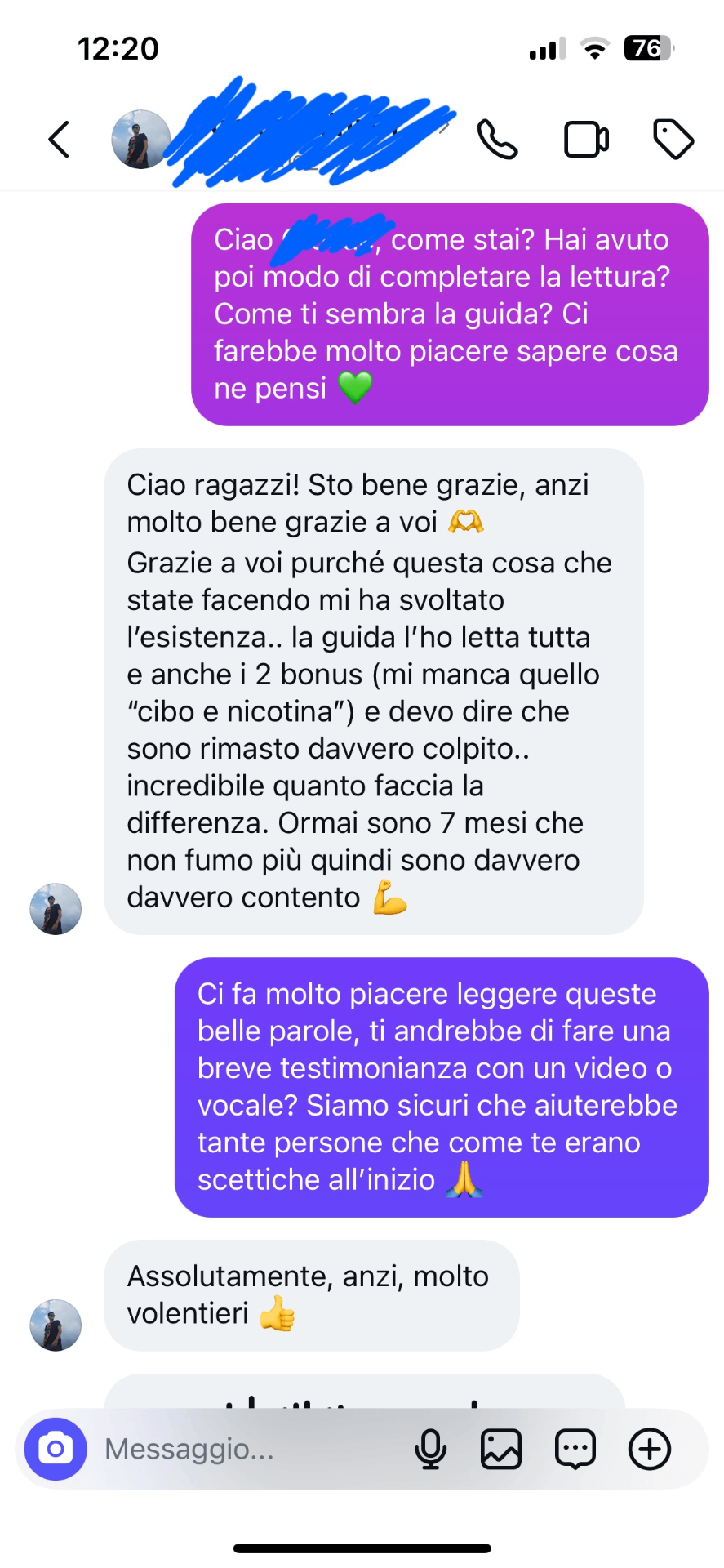 Recensione cliente — chat Instagram